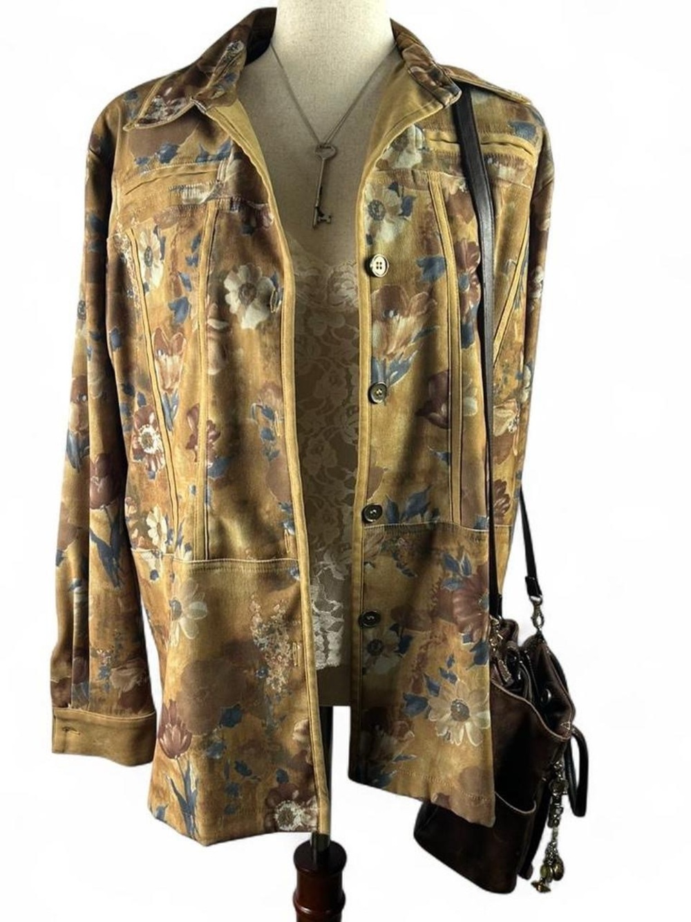 Vintage Saint Germain Floral Suede Button-Front Thin Jacket